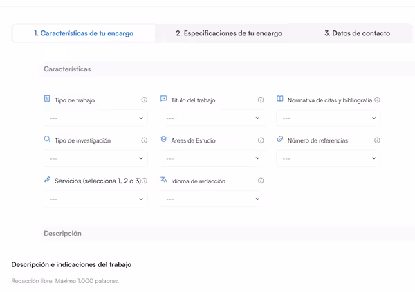 Paso 1 de Cómo Funciona. Selecciona las características de tu encargo.